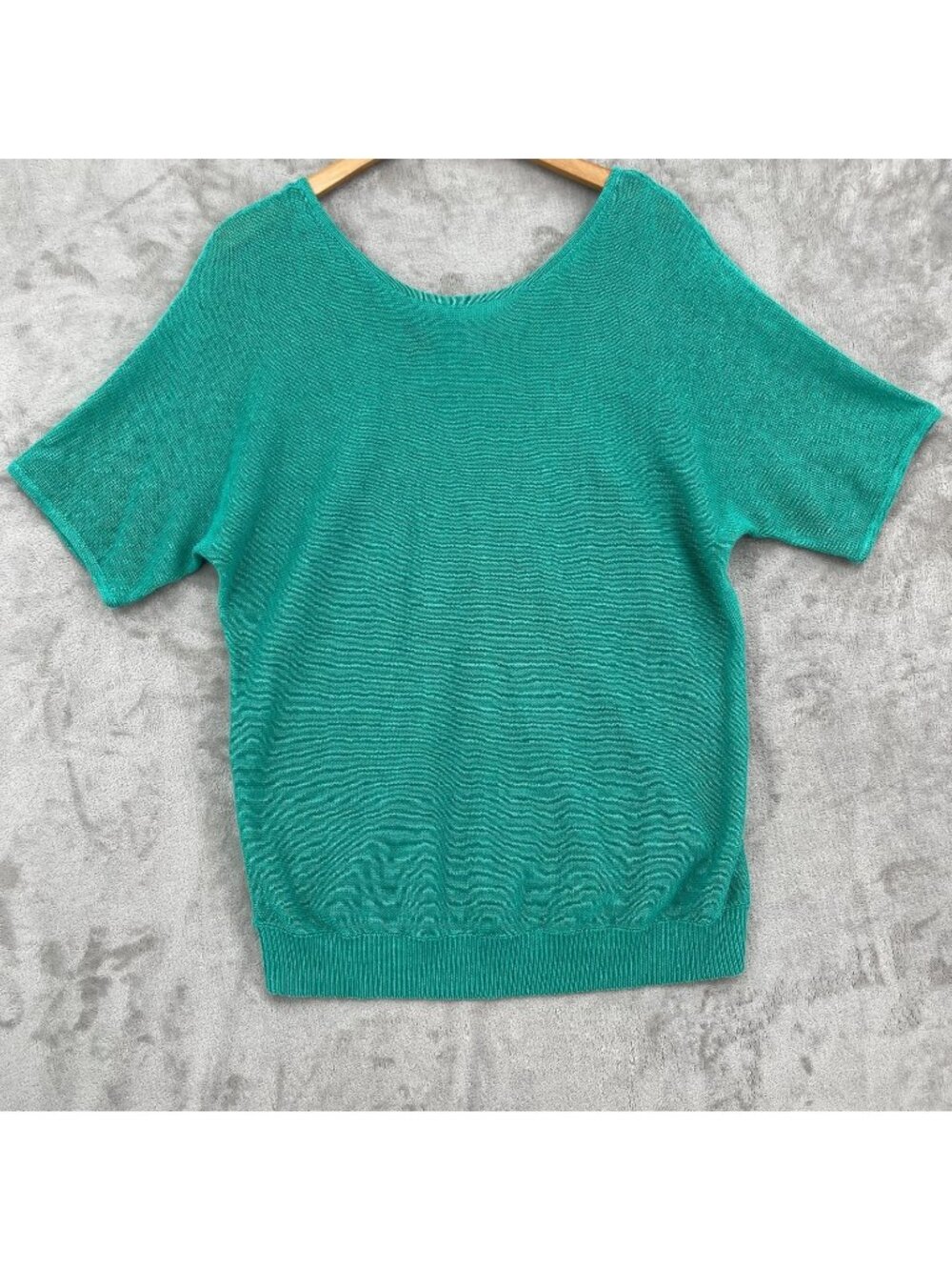 Talbots 100% Linen Green Short Sleeve Sweater Open Knit Coastal V Back